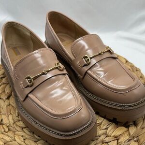 Sam Edelman Smooth Leather Beige Loafers with Gold Horse Bit Accents